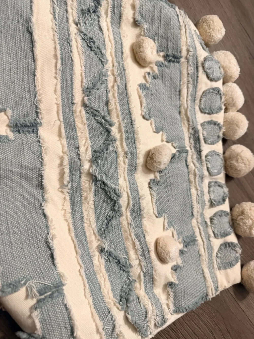 Lumbar Accent Pillow Cover Cream & Blue Aztec Design Pom Pom Farmhouse Boho